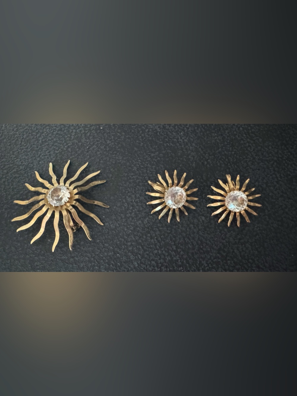 Vintage Sunburst Clip-On Earrings and broche with Clear Crystal Centers